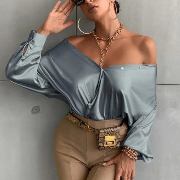 Button down Bishop Sleeve Shirt Blouse Dusty Blue - Picture 1 of 5